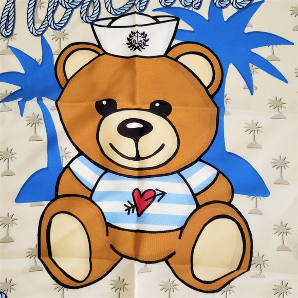 NWT Moschino 100% silk Scarf Italy Nautical Sailor heart bear - Picture 2 of 6